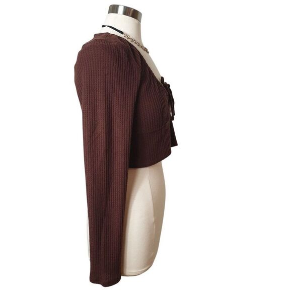 Aeropostale Womens Cropped Sweater XL Brown Ribbed Tie-Front Butter Soft Cottage - Picture 4 of 8